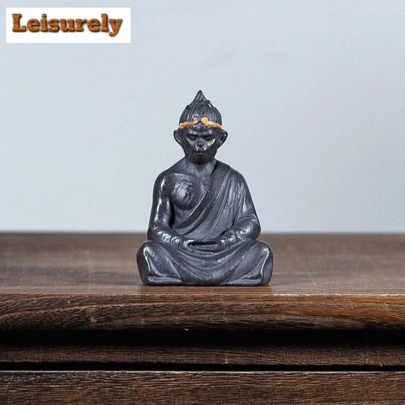Yixing Zisha Black Clay Wukong Buddha Sculpture Tea Pet Creative Lucky Model Tea Figurine Play Toys Tea Statue Ornaments Gift