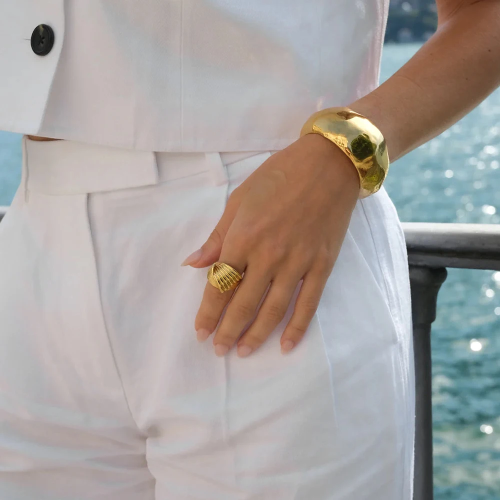 PVD Waterproof Texture Wing-shape Open Rings Exquisite Geometric Claw Pave Wedding Ring Golden Statement Jewelry Bijoux Aneis