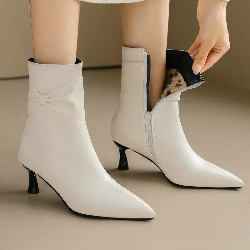 

Plus Size 33-48 Apricot Nude Pointed Toe Sexy Ladies Pumps Winter Warm Shoes With Bowtie Knot High Heels Stiletto Ankle Boots