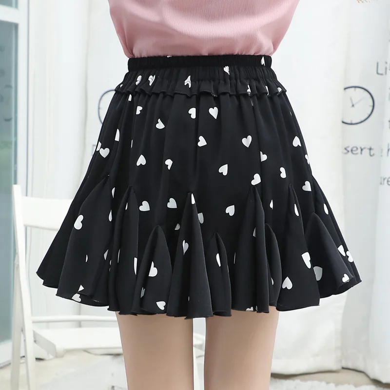 2022 Miss miniskirt Summer net red chiffon pleated skirt printed large swing miniskirt slim ruffled girl skirt to prevent light miss to mrs