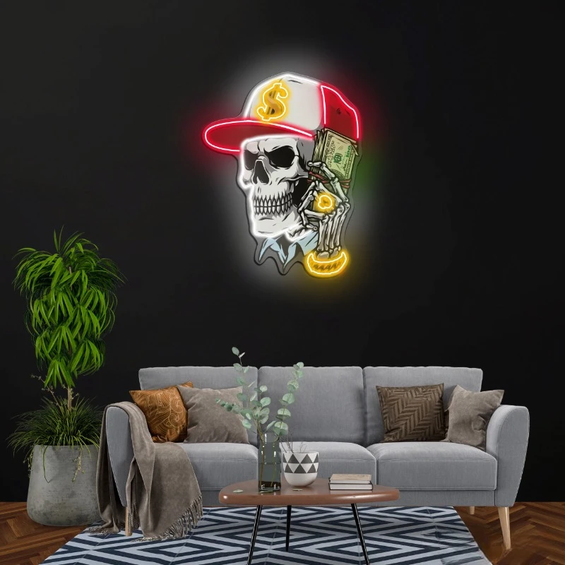 

Skull Money Neon Sign UV Print Unique Gangster Skull Face Decor Edgy Wall Art for Bars Pub PartyThemed Spaces Living Room Decors