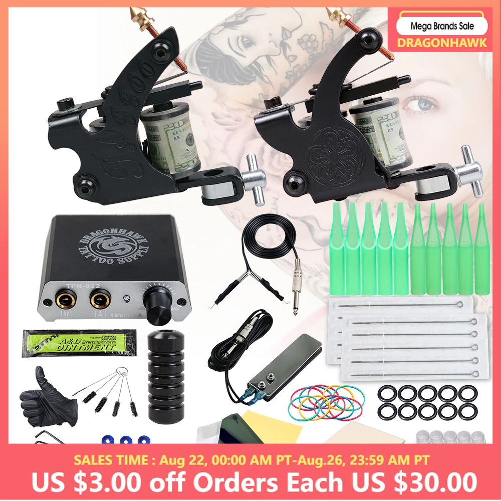 Beginner Complete Tattoo Kit 2 Machines Gun Set Power Supply Grips Body Art Tools Permanent