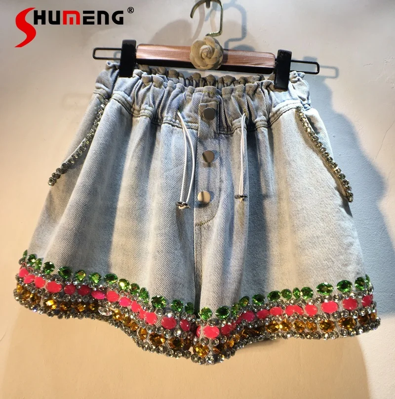 

Elastic Waist Denim Shorts Womens 2023 Summer New Heavy Diamond Studded By Hand Beaded Colorful Crystals Slimming Hot Pants