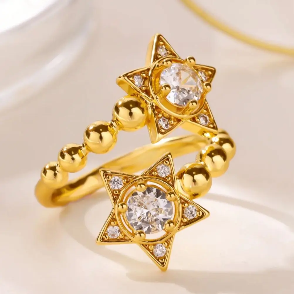 Zircon Double Star Rings for Women Gold Color Stainless Steel Crystal