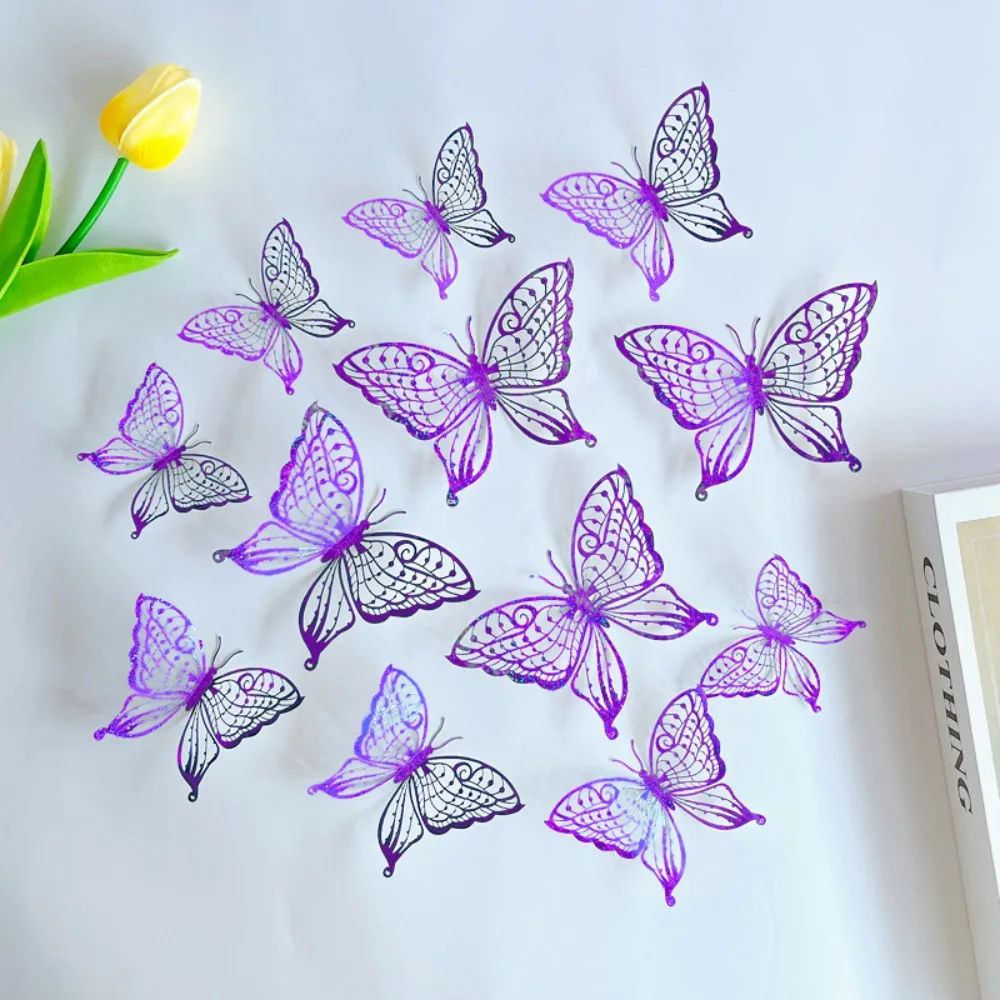 Colorful Hollow Butterfly Sticker Exquisite DIY 3D Butterfly Wall Decor 3 Sizes Cartoon Simulation Ornaments 12pcs/set 3d stickers 3d wall stickers butterfly wall decor