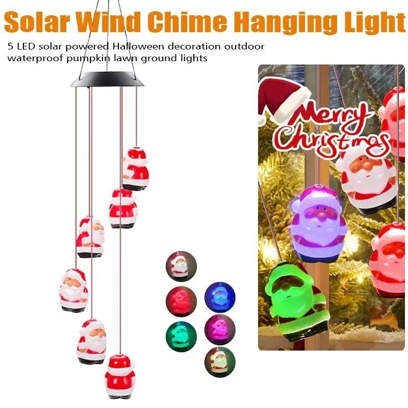 Solar Wind Chime Lights Christmas Wind Spinner Hanging Lights Colorful Santa Claus Ball Bedroom Garden Decoration Wind Bell Lamp