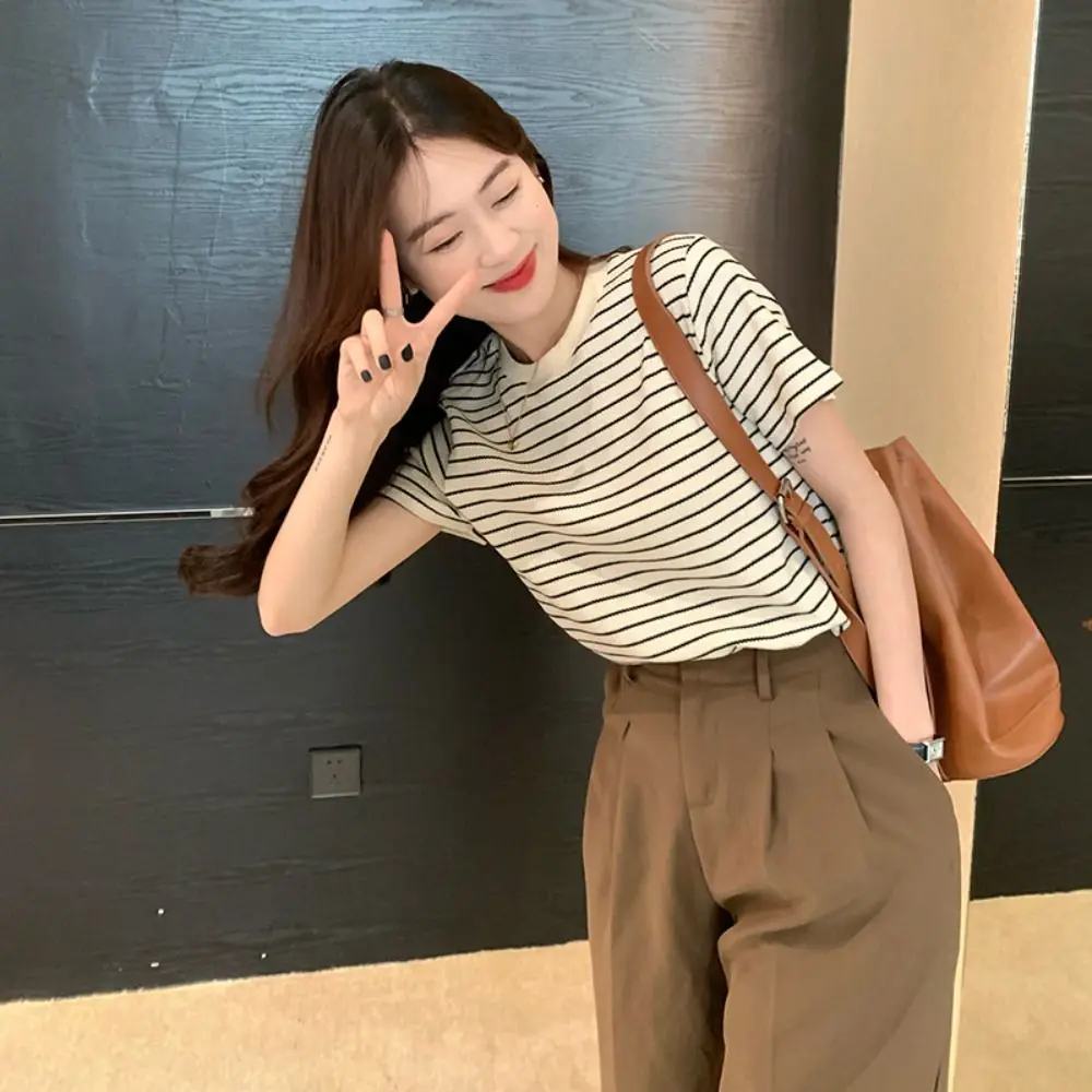 

Retro Women's Striped Shirts New Slim Summer Short-sleeved T-shirt Crew-neck Casual Thin Blouse