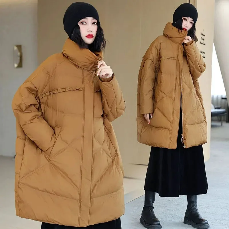 

New Oversized Women's 90% White Duck Down Coat Winter Thick Warm Down Jacket Loose Snow Female Stand Collar Long Parker Overcoat