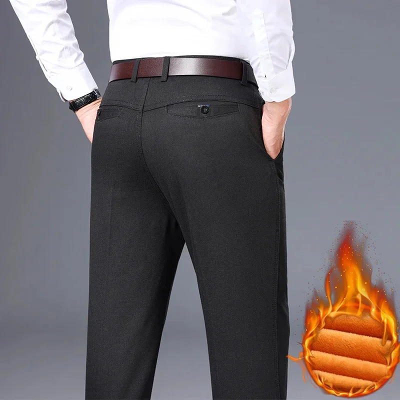 thumbnail image 1 of Pantalones casuales gruesos de vellón para hombre, de negocios, ajustados, rectos, sencillos, de estilo clásico, de algodón, gris oscuro, pantalones de felpa para oficina para hombre, 1 of 5