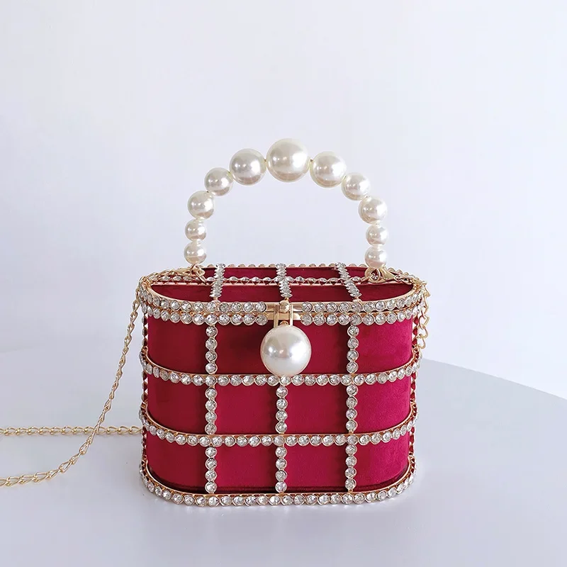 Women's Summer Small Batch High-class Hollow out Pearl Rhinestone Bucket Top-Handle Bag for Ladies