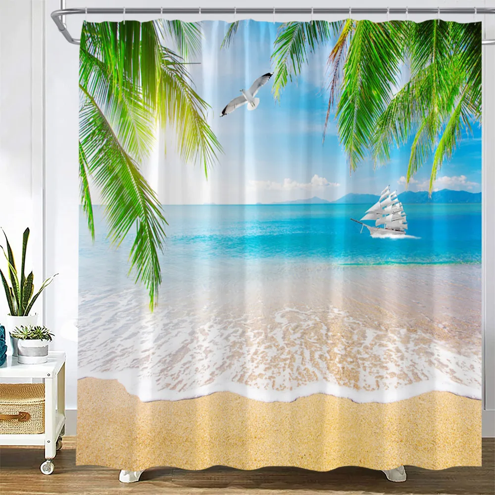 Shower Curtains Dusk Sunset Beach Tropical Ocean Palm Tree Forest Waterfall Nature Scenery Cloth Home Decor Bathroom Curtain Set