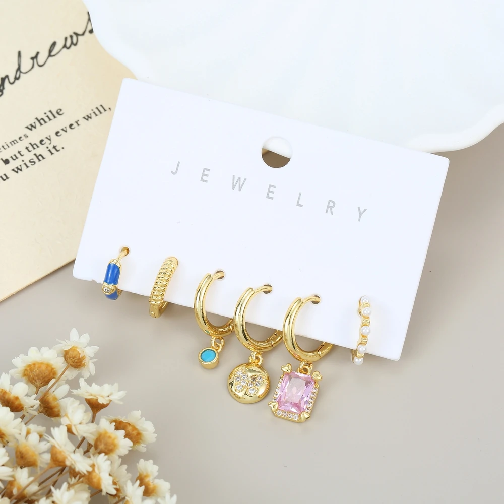 MIGGA 6pcs Mix and Match Trendy Dangle Earrings Set for Women Gold Color Plated Cubic Zircon Jewelry 3