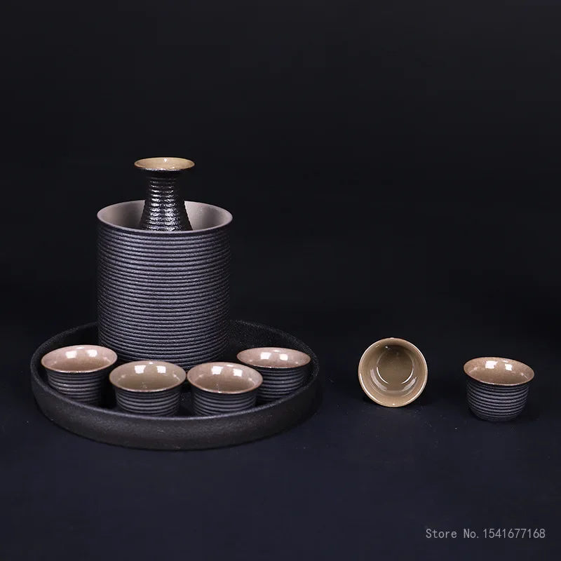 Japanese Style Ceramic Sake Pot Cup Set, Home Meal Supplies, Black Pottery Liquor Flask, Wine Bottle Cups Tray, 9Pcs Set
