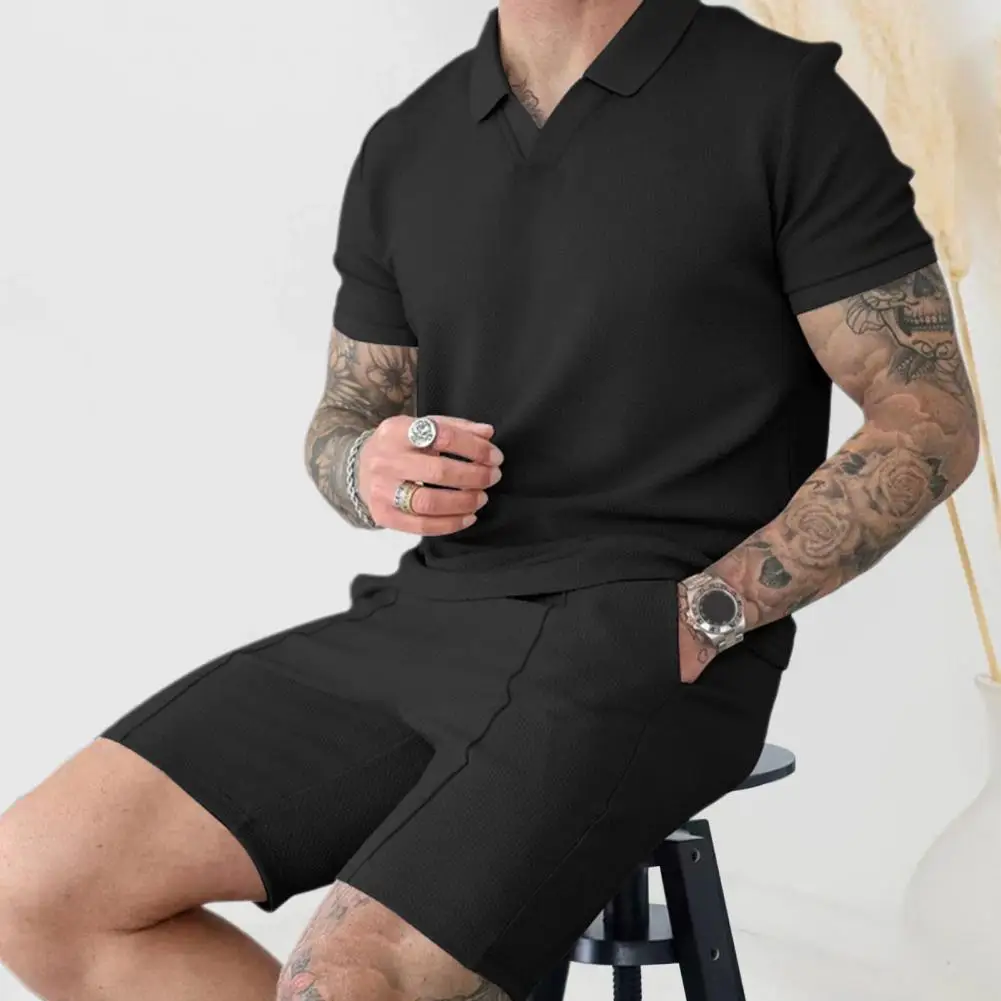 

Sports Suit Men's Casual Summer Outfit Set with V-neck T-shirt Wide Leg Shorts Elastic Waistband Drawstring Streetwear for A
