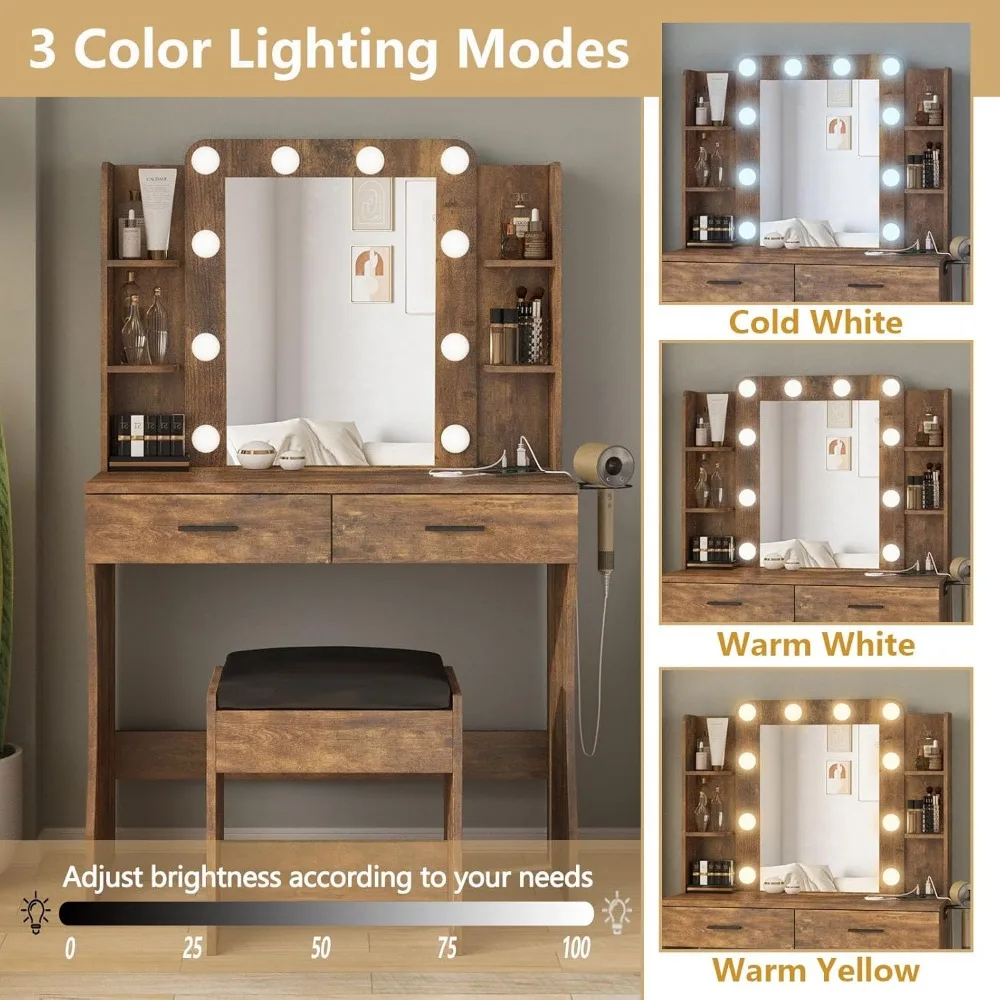 Vanity Desk with Lights,Makeup Vanity with Power Strip,Dressing Table Set with 2 Large Drawers,Vanity Mirror 3 Lighting Color Ad 4