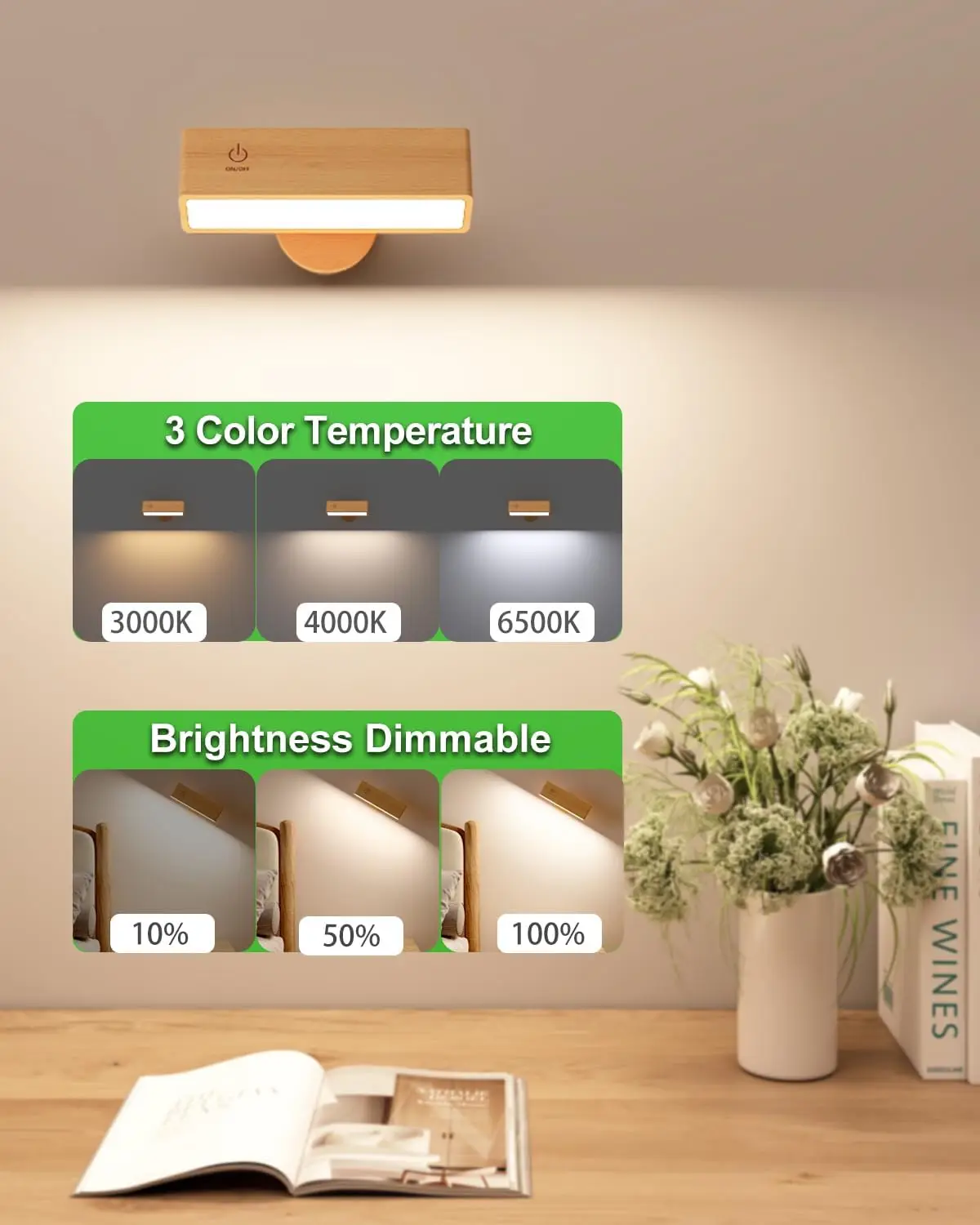 LED Wood Wall Lamp 3 Colors Remote Control 360 Rotate Magnetic Wall Sconce Touchable For Bedroom Cordless Reading Lamp
