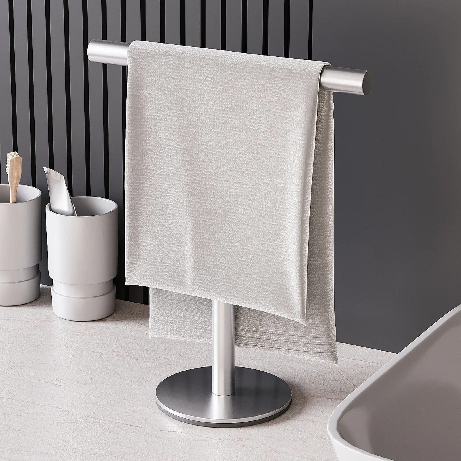 1pc Modern Freestanding Stainless Steel Towel Rack, T-Shape Hand Towel Holder with Sturdy Base, No Power Required, for Bathroom