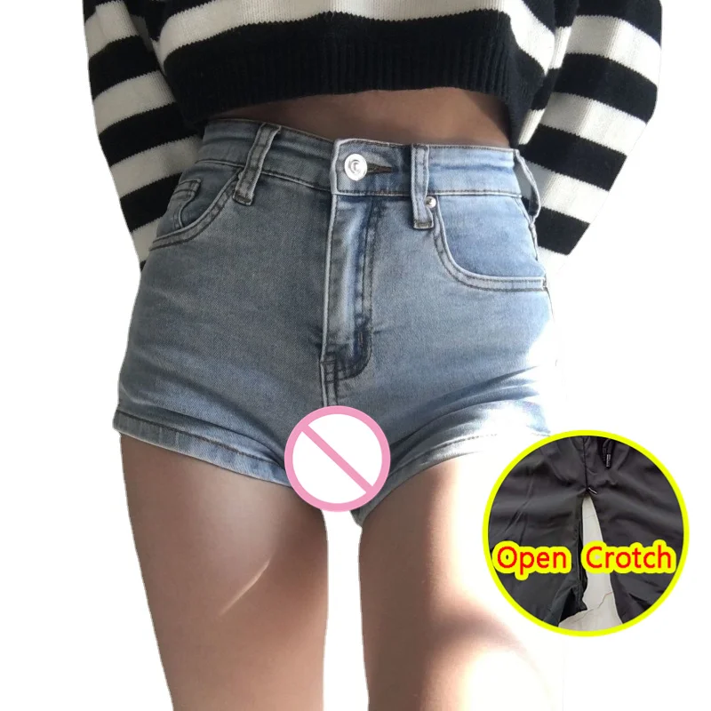 

Женские Пикантные мини-джинсы с открытой промежностью, уличные инструмент для секса, на молнии, с низкой талией, эротические шорты без промежности, штаны с открытыми сиденьями