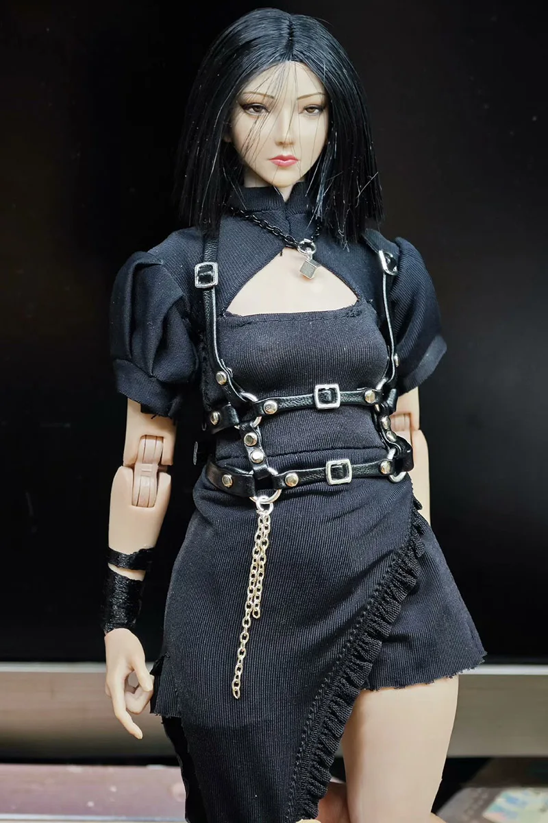 1/6 여성 중국 치파오 스타일 슬림 짧은 원피스 섹시한 불규칙 스커트, 가죽 허리 스트랩 모델, 12 인치 액션 피규어