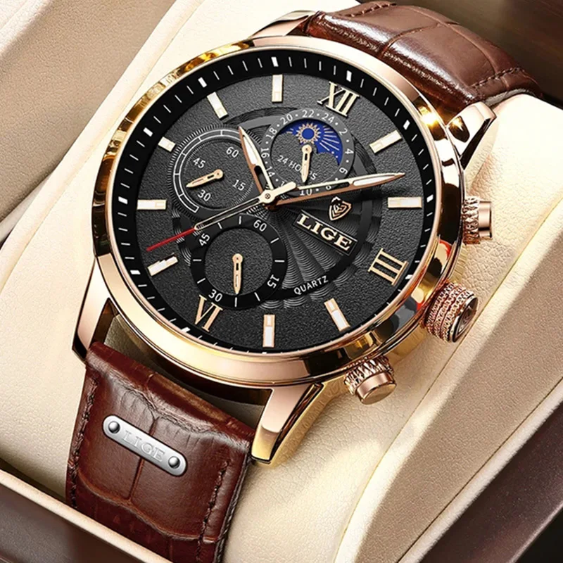 LIGE Luxury Men's Waterproof Luminous Leather Quartz Wristwatch