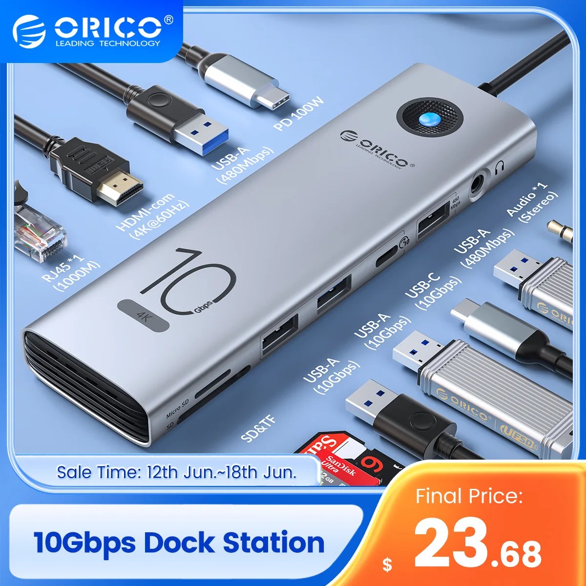 Orico 10gbps Type C Docking Station 4k60hz Hdmi-compatible Usb3.0 2.0 ...