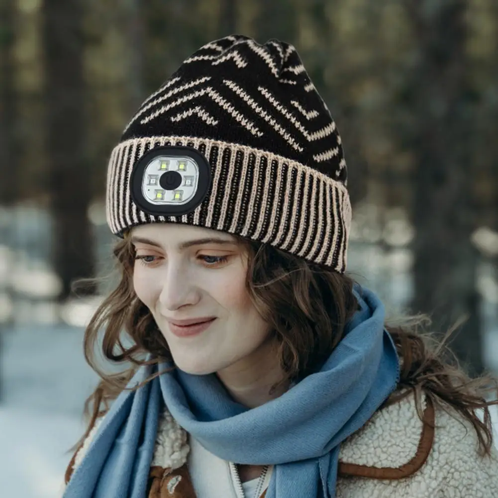 

Led Hat Led Light Knitted Hat for Winter Supplies Night Running Unisex Beanie Flap Jacquard Headwear with Detachable Beads