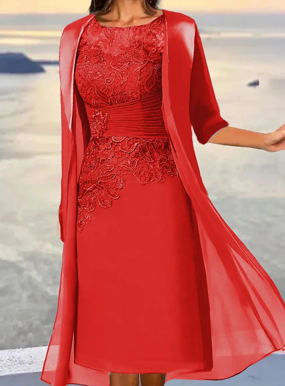 Mother Bride Dresses Midi Length Sleeve Floral Embroidered Layered Ruched Fall Crew Neck