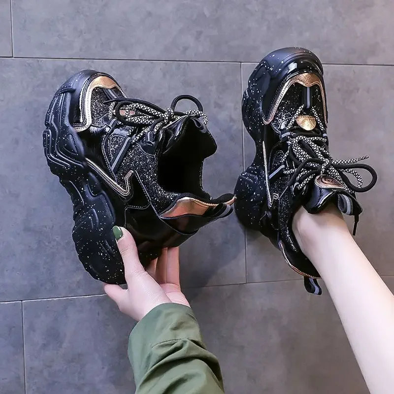 Women's Platform Sneakers 2022 Autumn Shiny Women's Slope Heel Casual Shoes Fashion High Heel Sneakers Zapatos Mujer