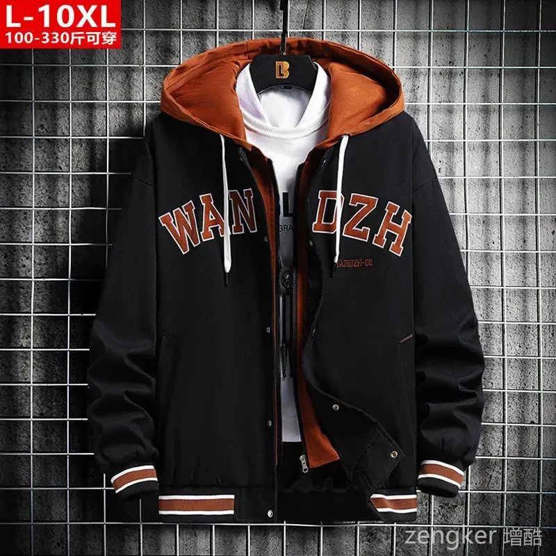 Spring and autumn trends men's handsome embroidered fake two-piece hooded jacket large size loose casual 150kg 10xl jackets 2