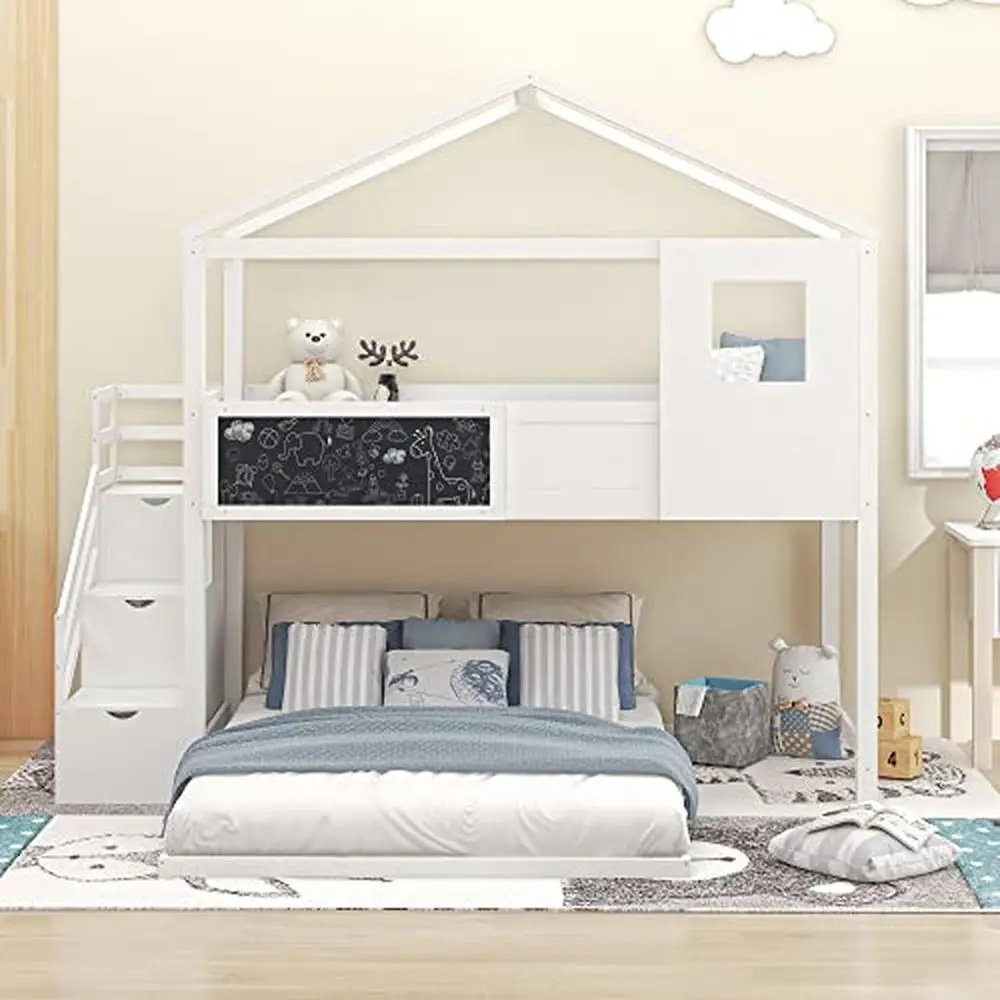 Creative Kids Mini Loft Bed with Storage Stairs & Play Area House Bunk Beds 4