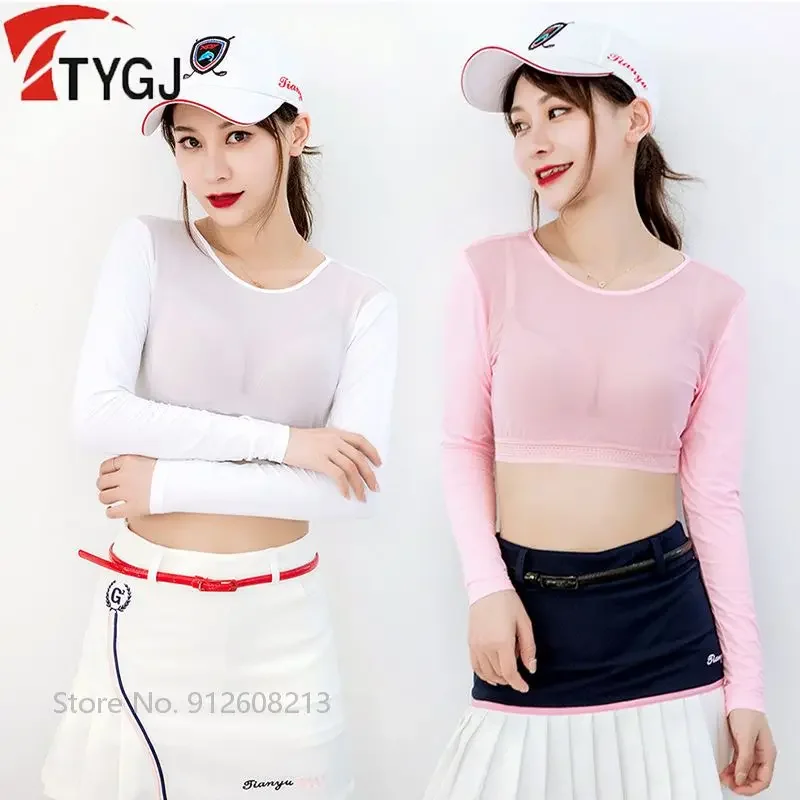 Ttygj Women Breathable Mesh Cropped Top Ladies Ice Silk Long Sleeve Underwear Women Sunscreen Elastic Golf Shirt Golf Apparel