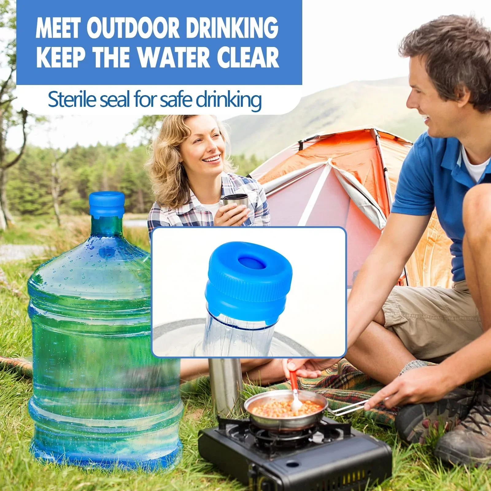 5 Gallon Bottle Cap Set - 5 Pack No-Spill Silicone Caps With Handle, Reusable, Fits 55mm Neck Water Jugs - View #2