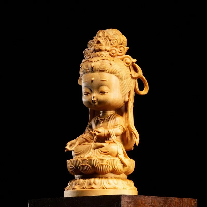 Woodcarving Cartoon Guanyin Statue, Hand Carving, Solid Wood, Buddhist Feng Shui, Home, Room, Office Decoration, 24514