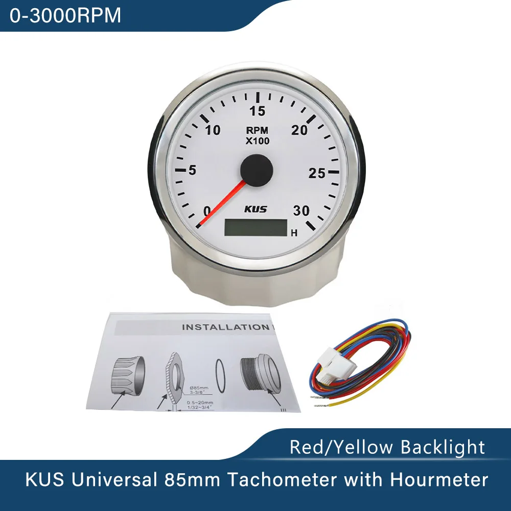 KUS Waterdichte Toerenteller RPM Maat met Uurmeter 3000RPM 85mm 12V/24V