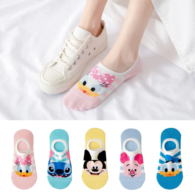 5 pairs Hot sale Cartoon Kawaii woman sock Mickey Minnie Donald winnie Daisy cotton girl slipper sock Funny invisible ankle sock black