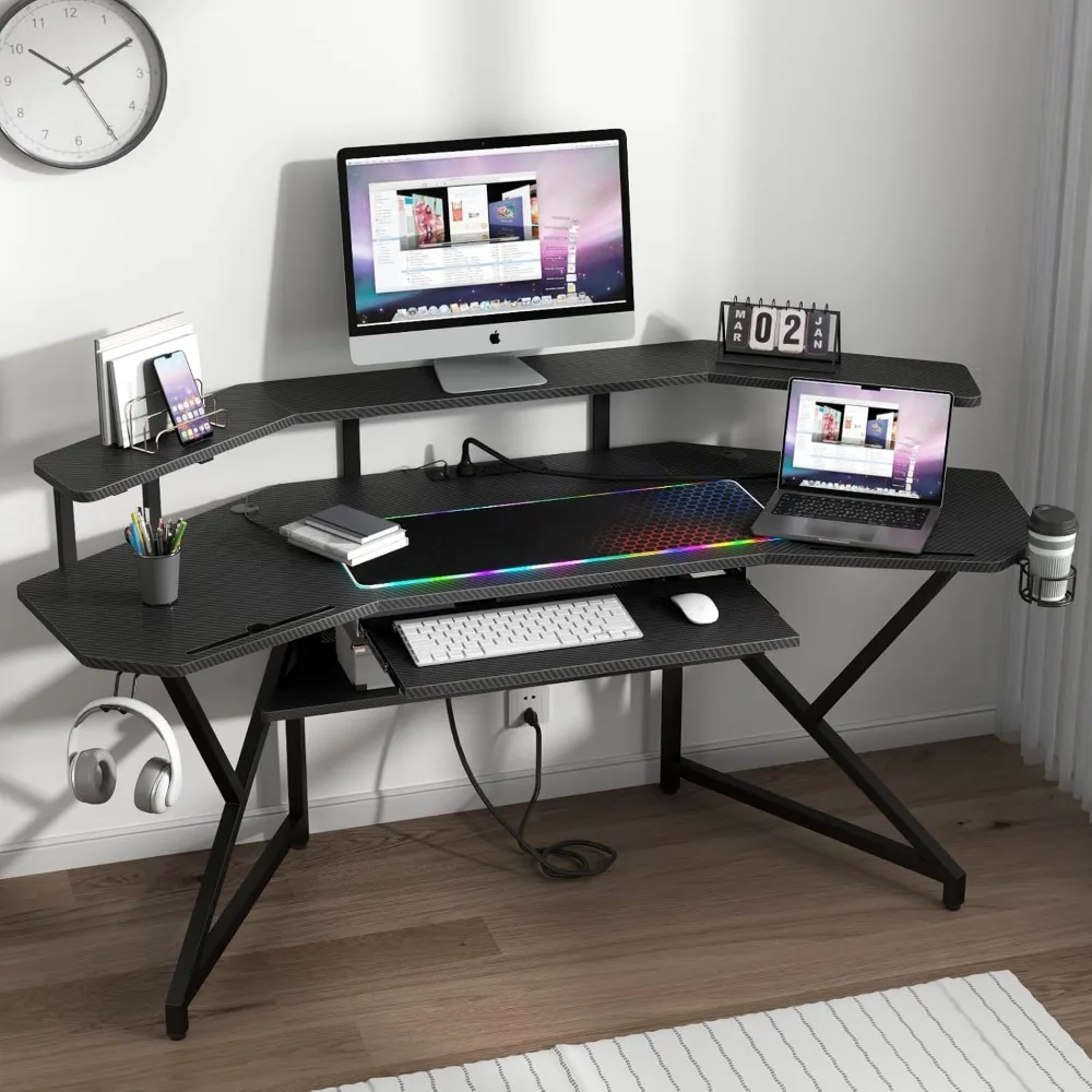 72" Gaming Desk with Power Outlet & Led Strip, Large Wing-Shaped Computer Desk W Monitor Stand 6
