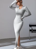 Women sexy knit V-neck reverse neck split dress autumn winter full sleeve elastic basic body sweater - Image 4