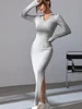 Women sexy knit V-neck reverse neck split dress autumn winter full sleeve elastic basic body sweater 4