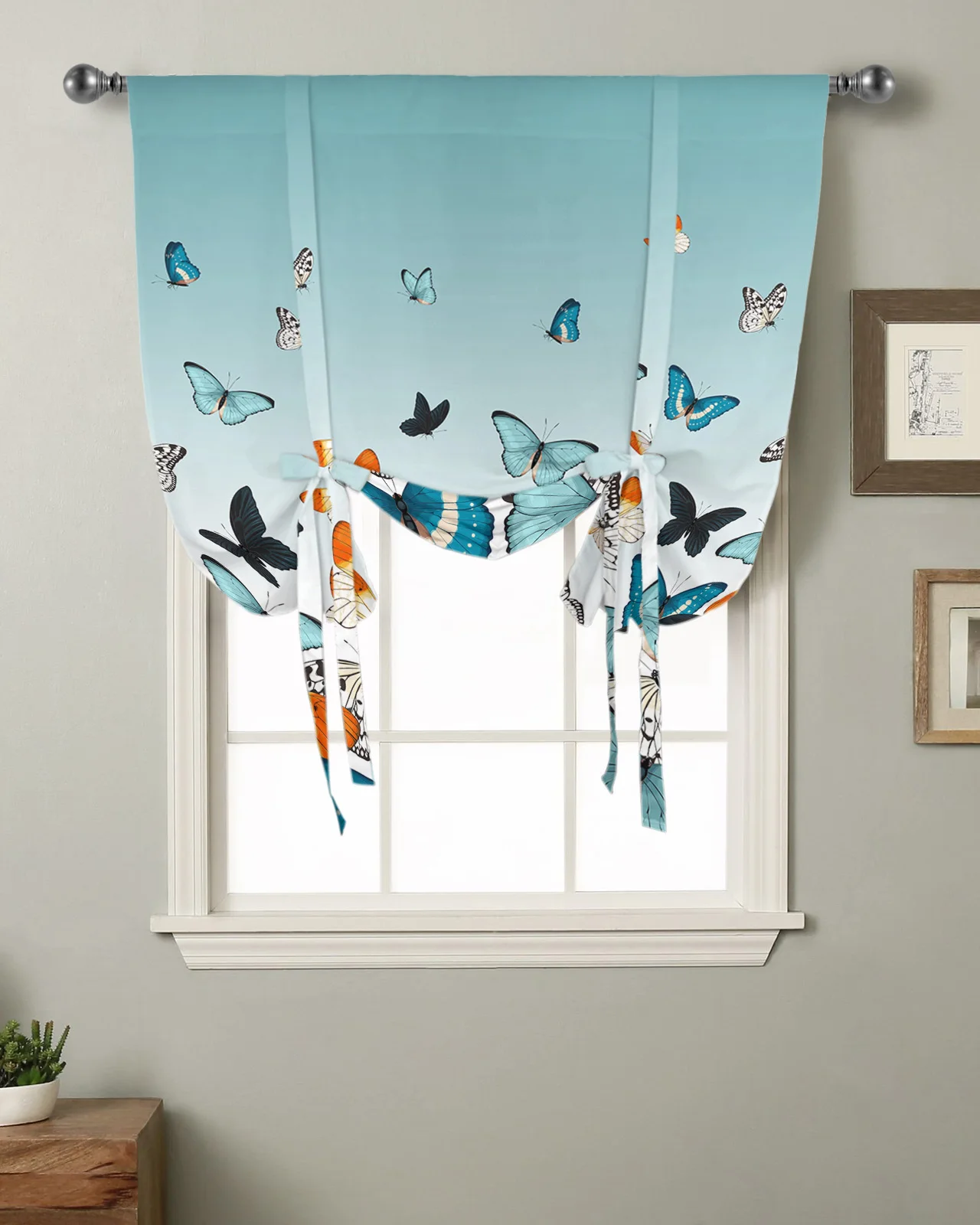 

Pastoral Butterfly Duck Green Gradient Kitchen Short Window Curtain Modern Home Decor Small Window Roman Tie Up Curtains