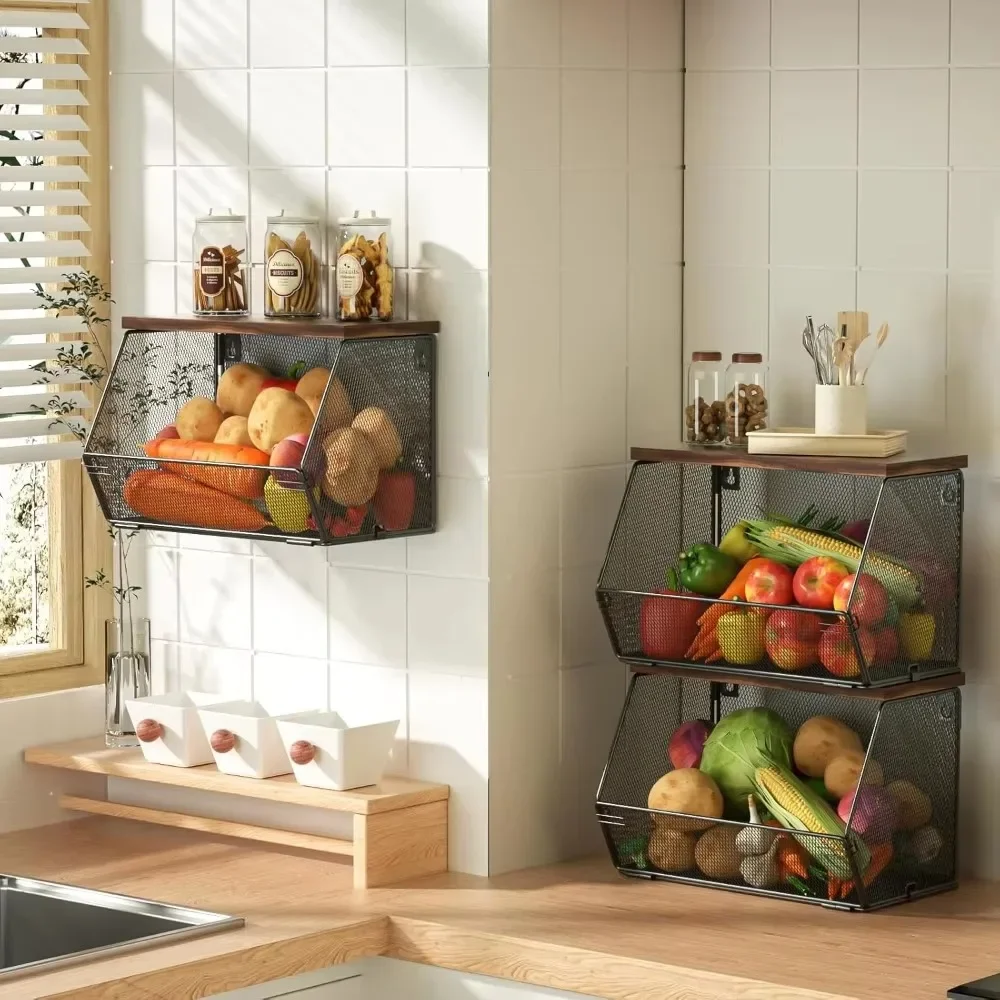 Hanging Fruit Basket Wall Mounted Countertop Frame Stackable Desktop Shelf Kitchen Storage Rack Portable Onion Organizer Baskets