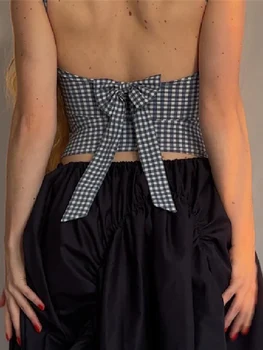 Women Cropped Tank Tops Plaid Print Summer Bow Backless Basic Vest Sleeveless Shirt Aesthetic Clothes for Streetwear 2