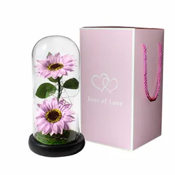 Enchanted Galaxy Glass Rose with Illuminated Crystal Flower and Butterfly Moth in Glass Dome (Gold)