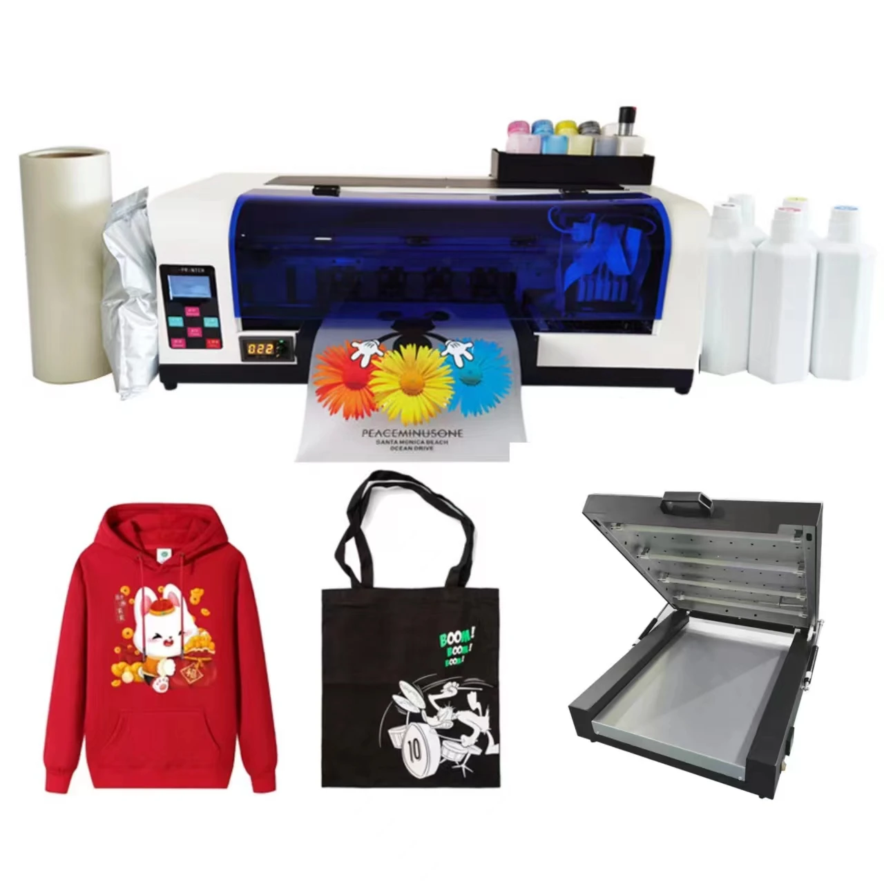 RIN 소프트웨어 풀 세트, 1 세트, A3 XP600 DTF 프린터, 1Kg 파우더, 5 색 잉크, 1PC 롤 필름, 1 세트, 쉐이킹 드라이어, 원 헤드