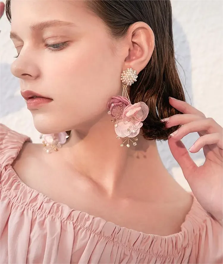 

Mesh Flower Earrings Artificial Pearls Long Eardrop Women 2024 Vacation Style Jewelry Birthday Gift Wedding Decor