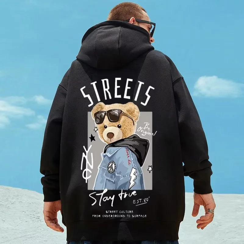 

Street Bear Graphic Printed Hooded Sweatshirts For Men Autumn Hip Hop Fashion Oversized Hoodies Y2K Vintage Streetwear Hoody