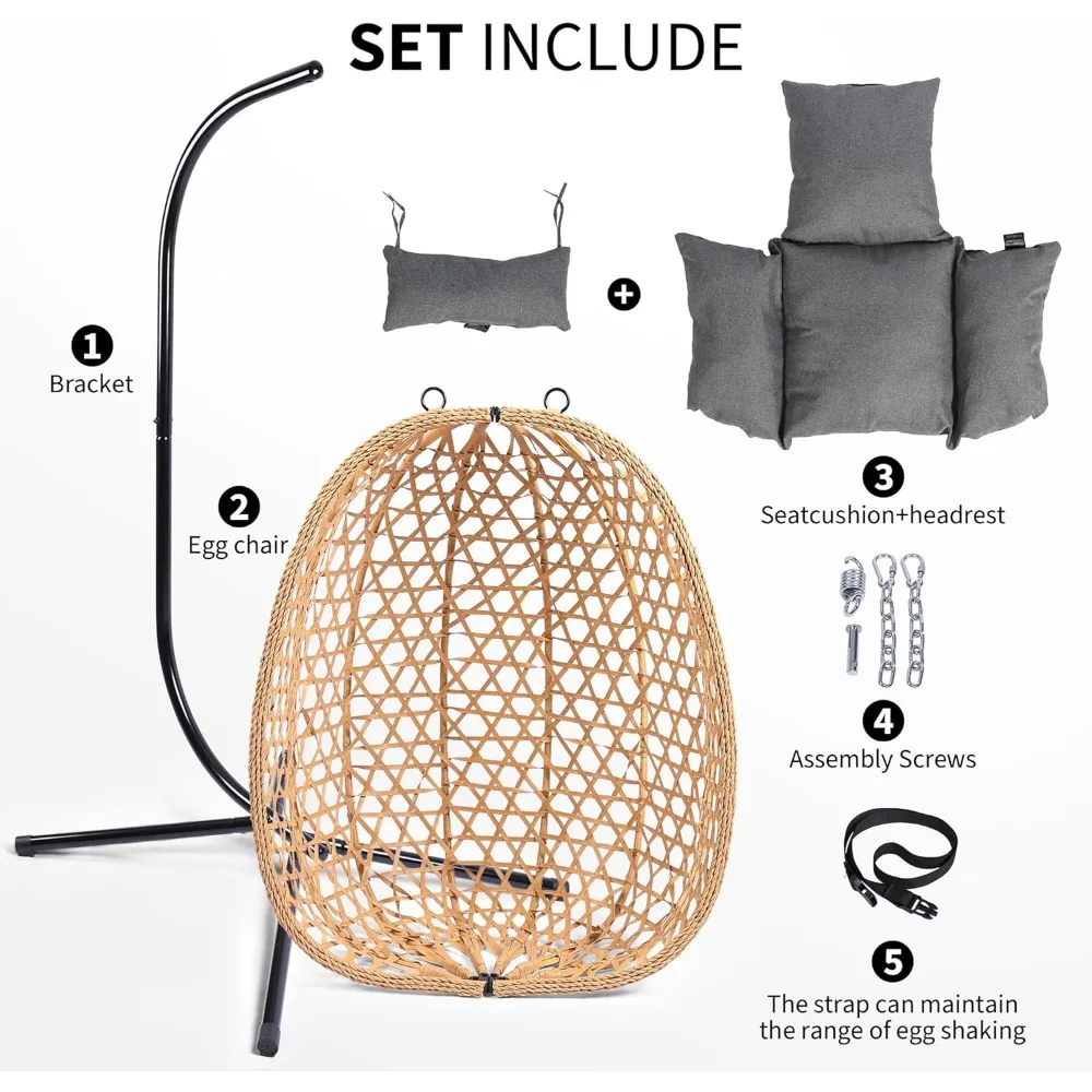 Egg Chair with Stand, Patio Wicker Hanging Chair, Hammock Swing Chair, 350LBS Capacity for Bedroom, Balcony, Garden 6