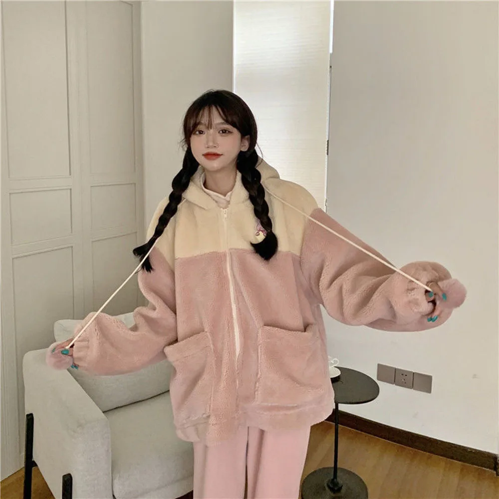 Japanese Kawaii Plush Sweatshirt Casual Warm Jacket Hooded Cartoon Print Hoodies Female Autumn Winter Cute Sweatshirts Coat Tops