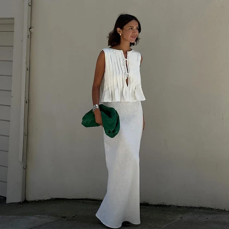 Elegant White Lace Up Tops For Women Pleated O-neck Sleeveless Ruffles Tank Summer New Chic Lady Party Vacation Vest