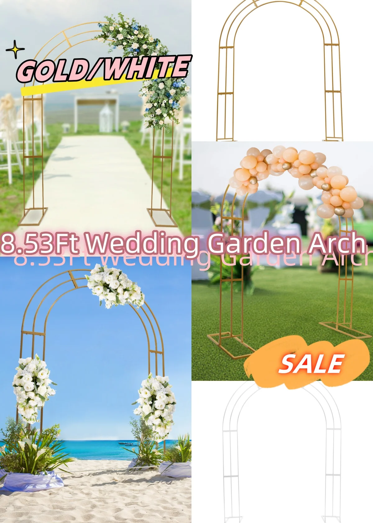 White/Gold Metal Wedding Garden Arch 8.53Ft Heavy Duty Backdrop Balloon Decoration Stand with Sturdy Base