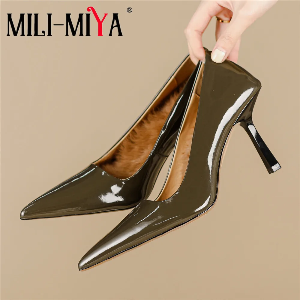 

MILI-MIYA New Arrival Women Cow Leather Pumps Pointed Toe Slip On Solid Color Sexy Super High Thin Heels Dress Party Shoes Handm